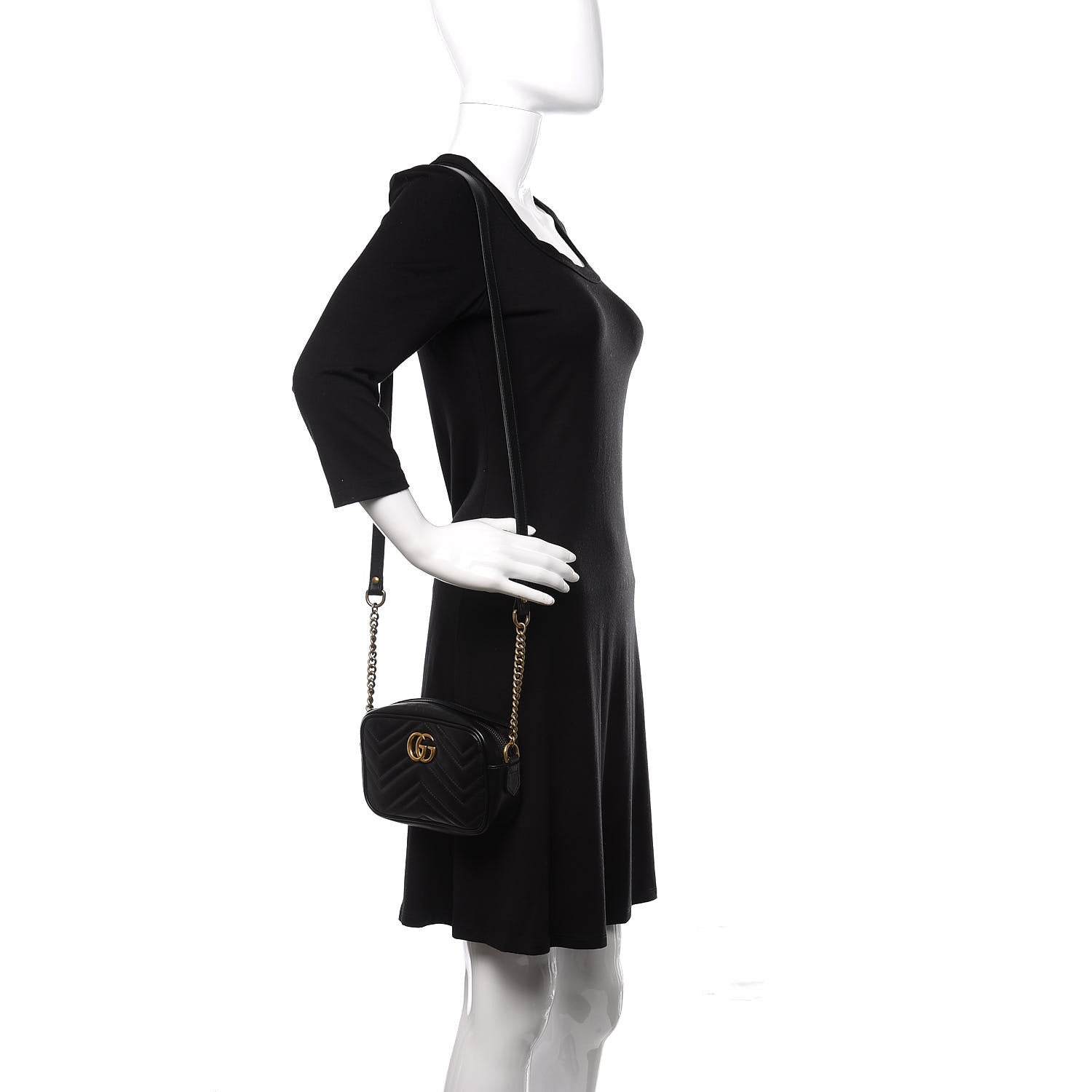 Gucci Calfskin Matelasse Mini GG Marmont Chain Shoulder Bag Black 2 of 12