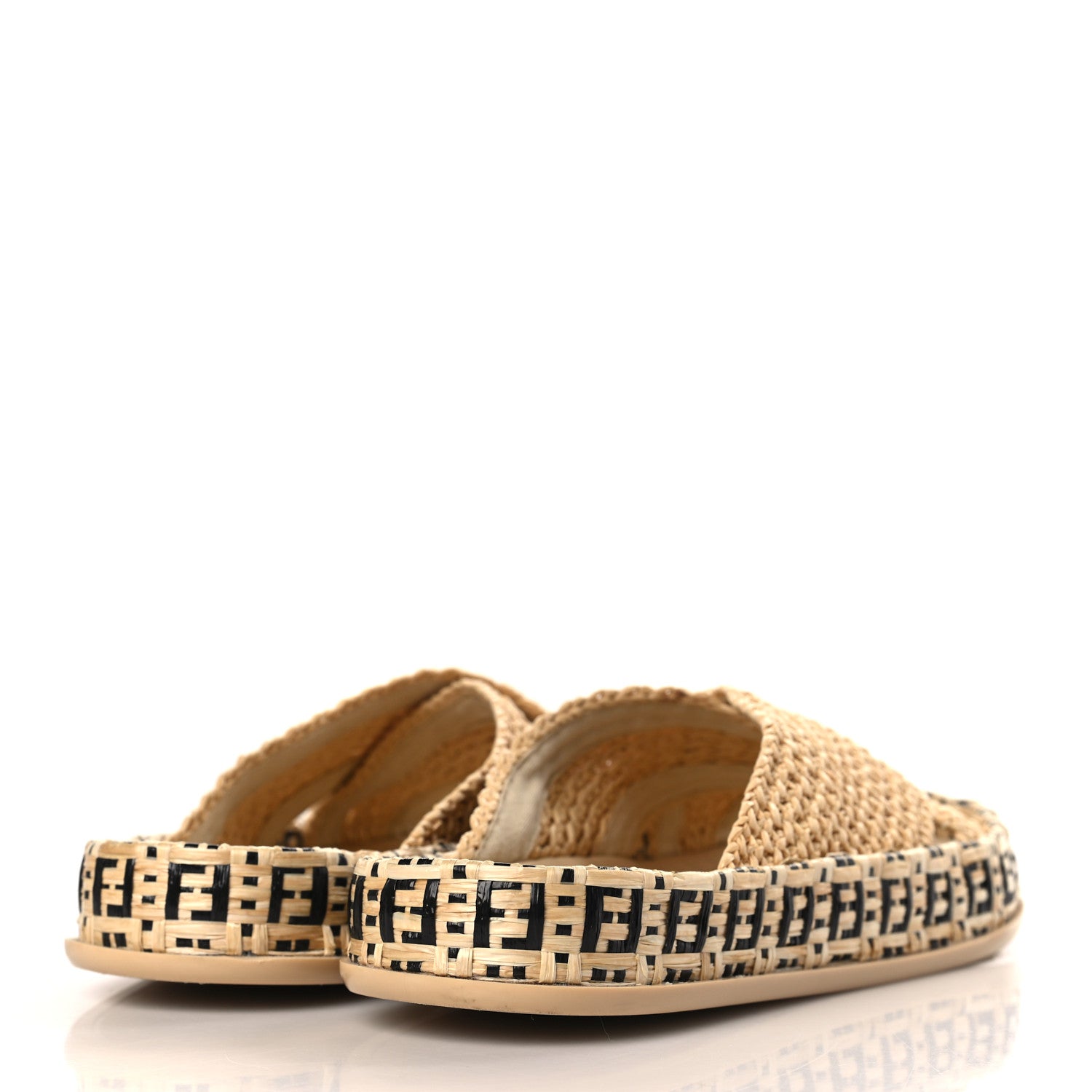 Fendi Raffia FF Woven Reflections Crisscross Slide Sandals 37 Naturale Black 4 of 7