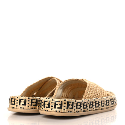 Fendi Raffia FF Woven Reflections Crisscross Slide Sandals 37 Naturale Black 4 of 7