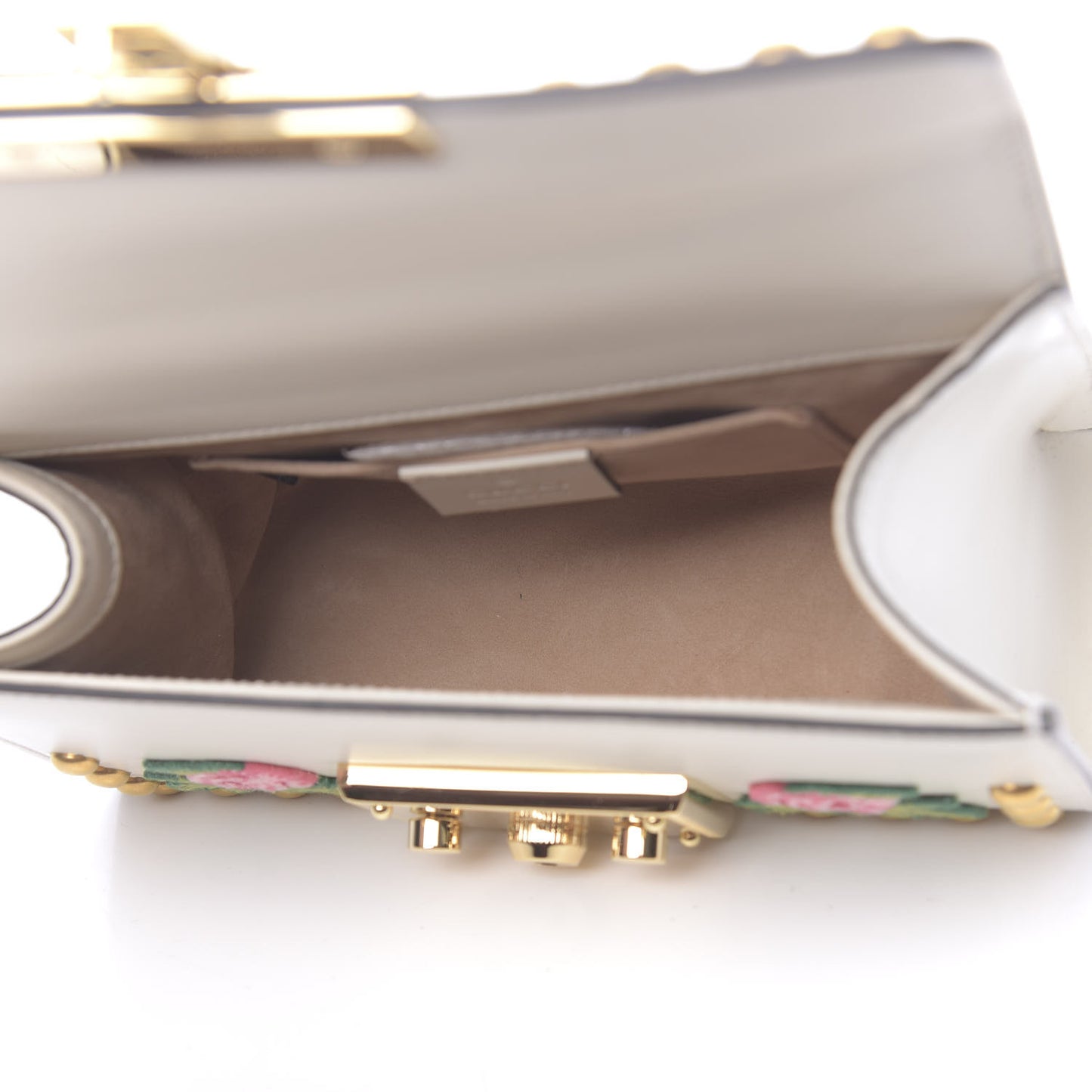 Calfskin Floral Embroidered Small Padlock Shoulder Bag White
