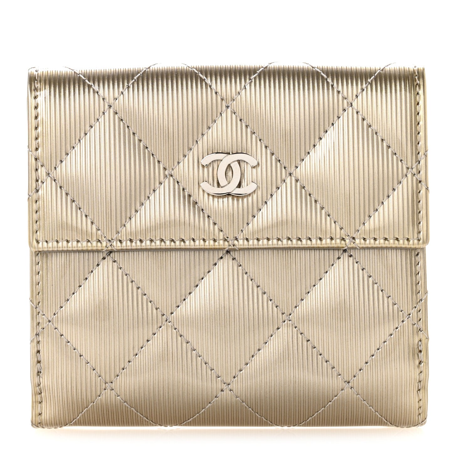 Striated Patent Quilted Compact French Flap Wallet Beige Beige