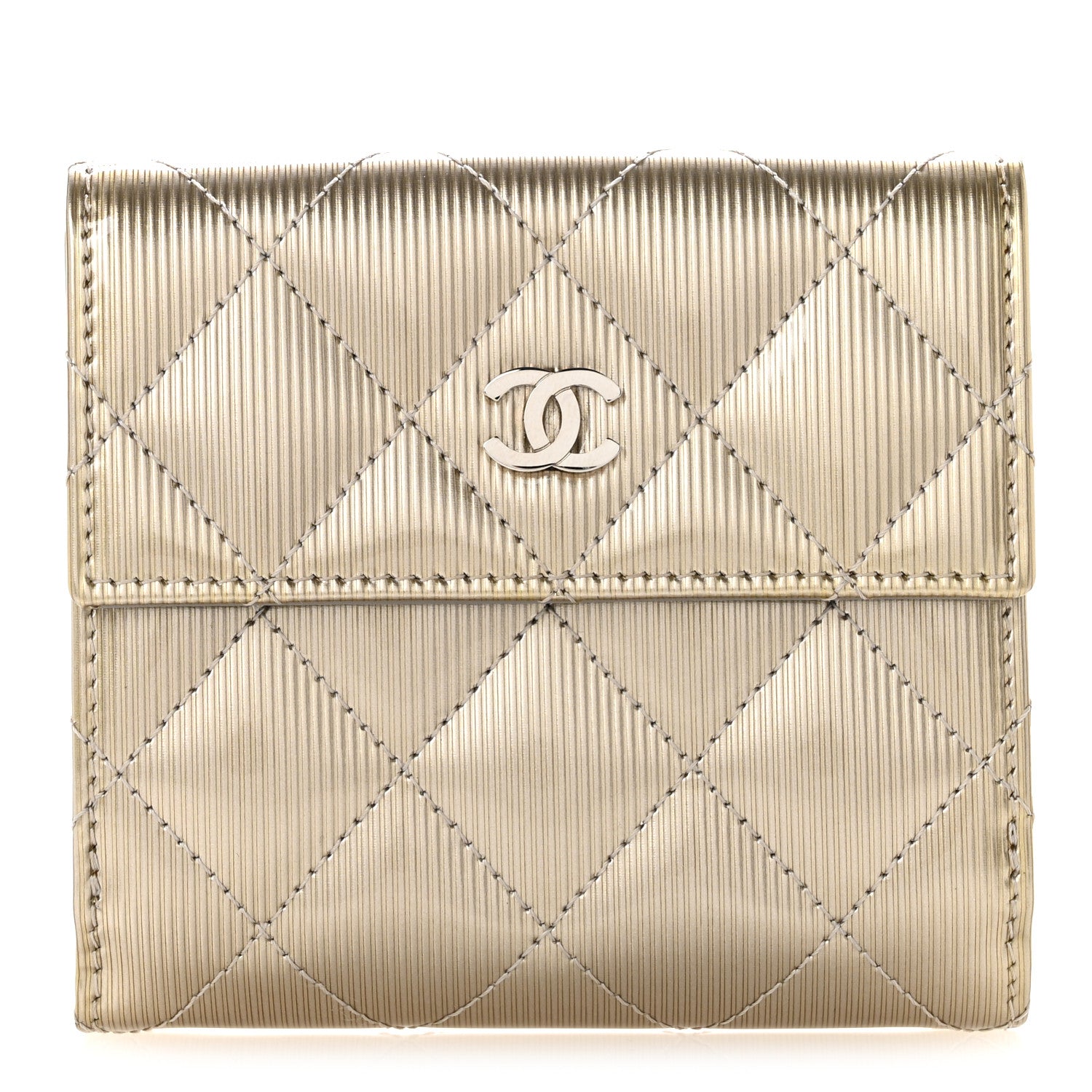 Chanel Striated Patent Quilted Compact French Flap Wallet Beige Beige 1 of 10