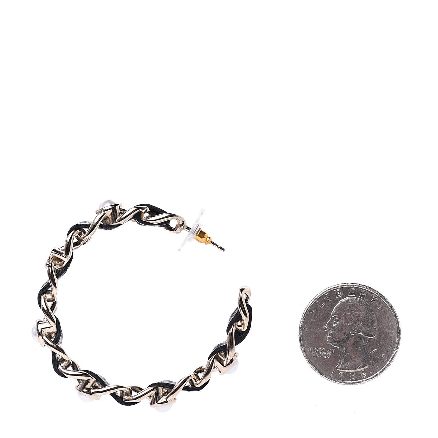 Lambskin Pearl CC Chain Hoop Earrings Gold Black
