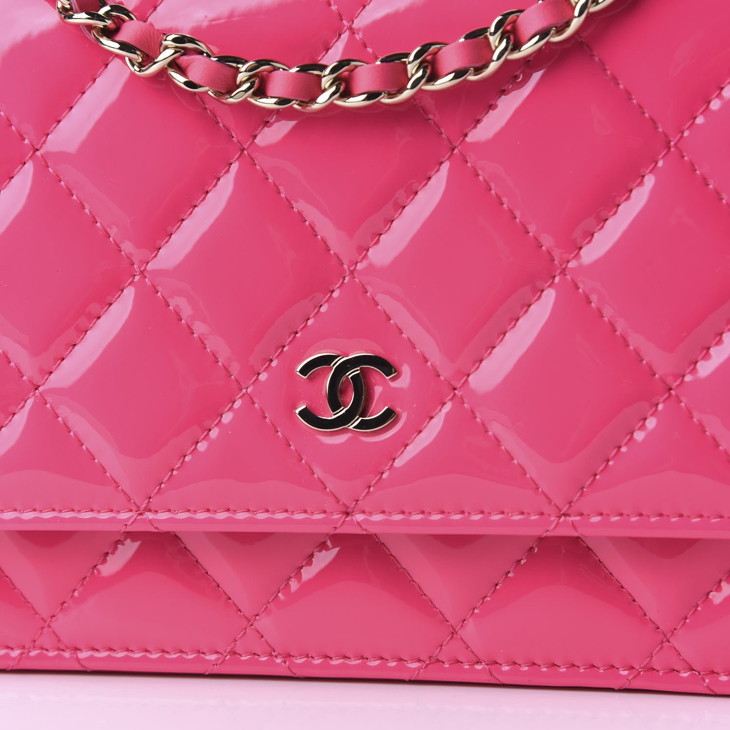 Chanel Patent Calfskin Quilted Wallet On Chain WOC Pink 11 of 12