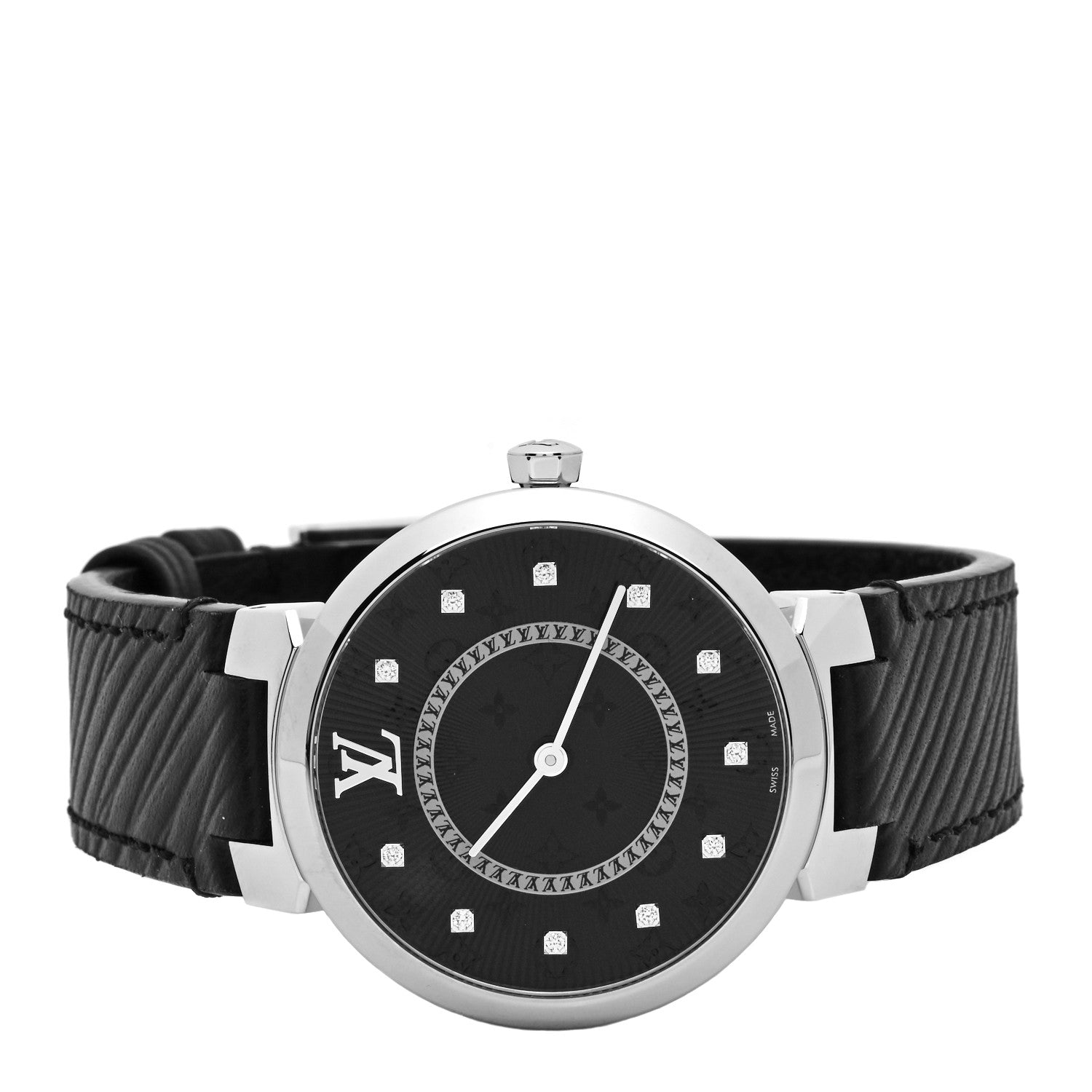 Louis Vuitton Stainless Steel Epi Diamond 33mm Tambour Slim Quartz Watch Black 2 of 5