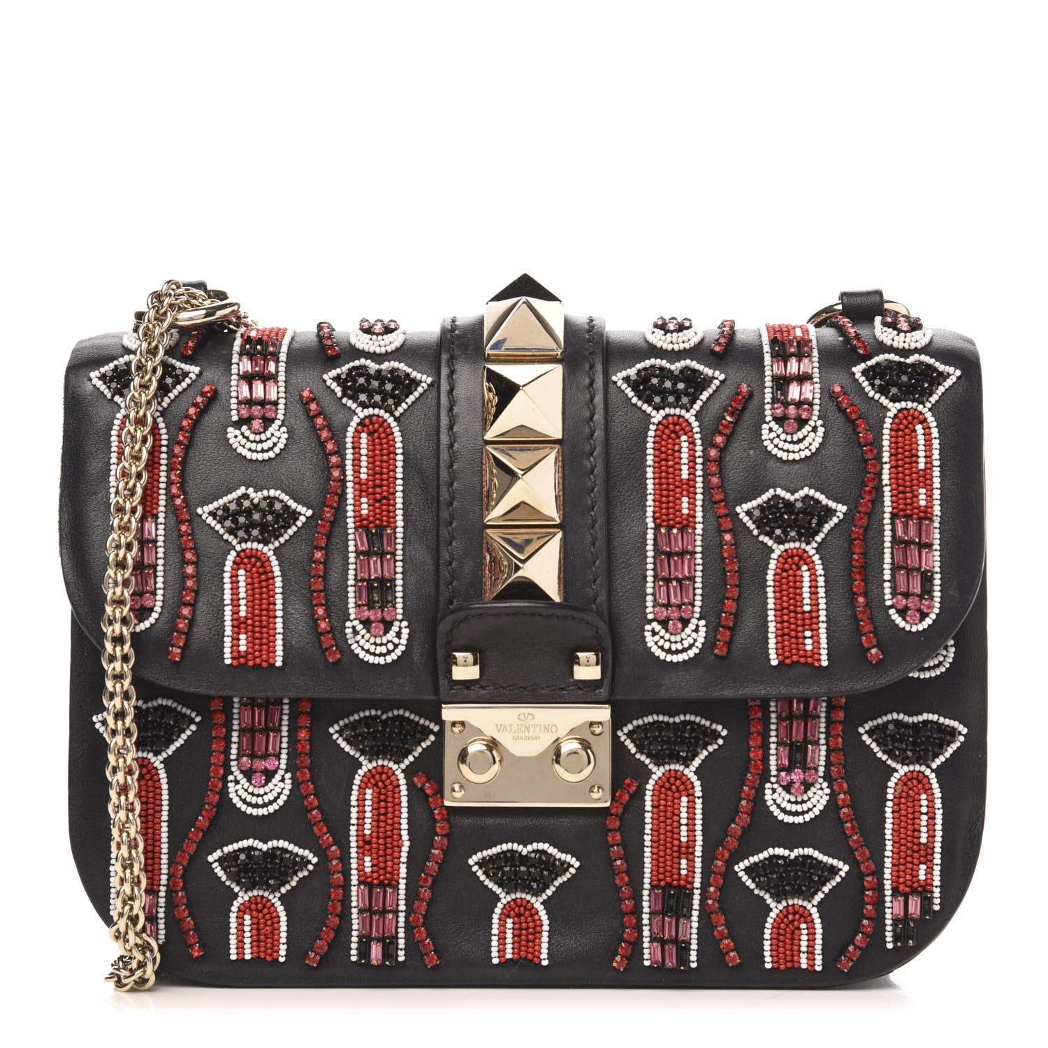Valentino Garavani Vitello Crystal Lipstick Embellished Small Glam Lock Rockstud Flap Black 1 of 14