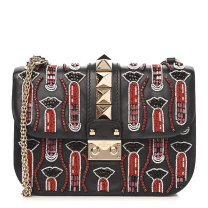 Valentino Garavani Vitello Crystal Lipstick Embellished Small Glam Lock Rockstud Flap Black 1 of 14