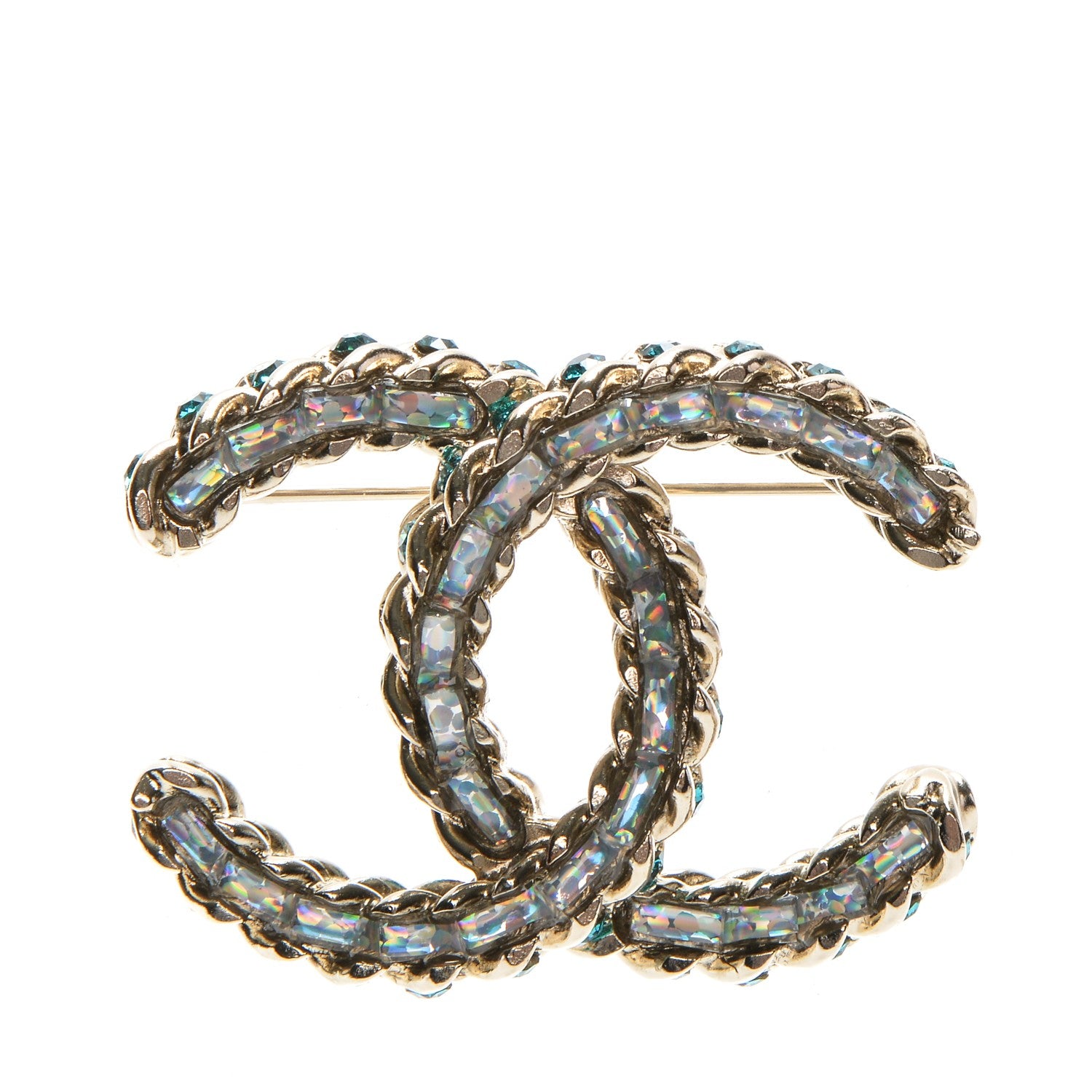 Chanel Iridescent Crystal CC Brooch Blue Gold 1 of 5