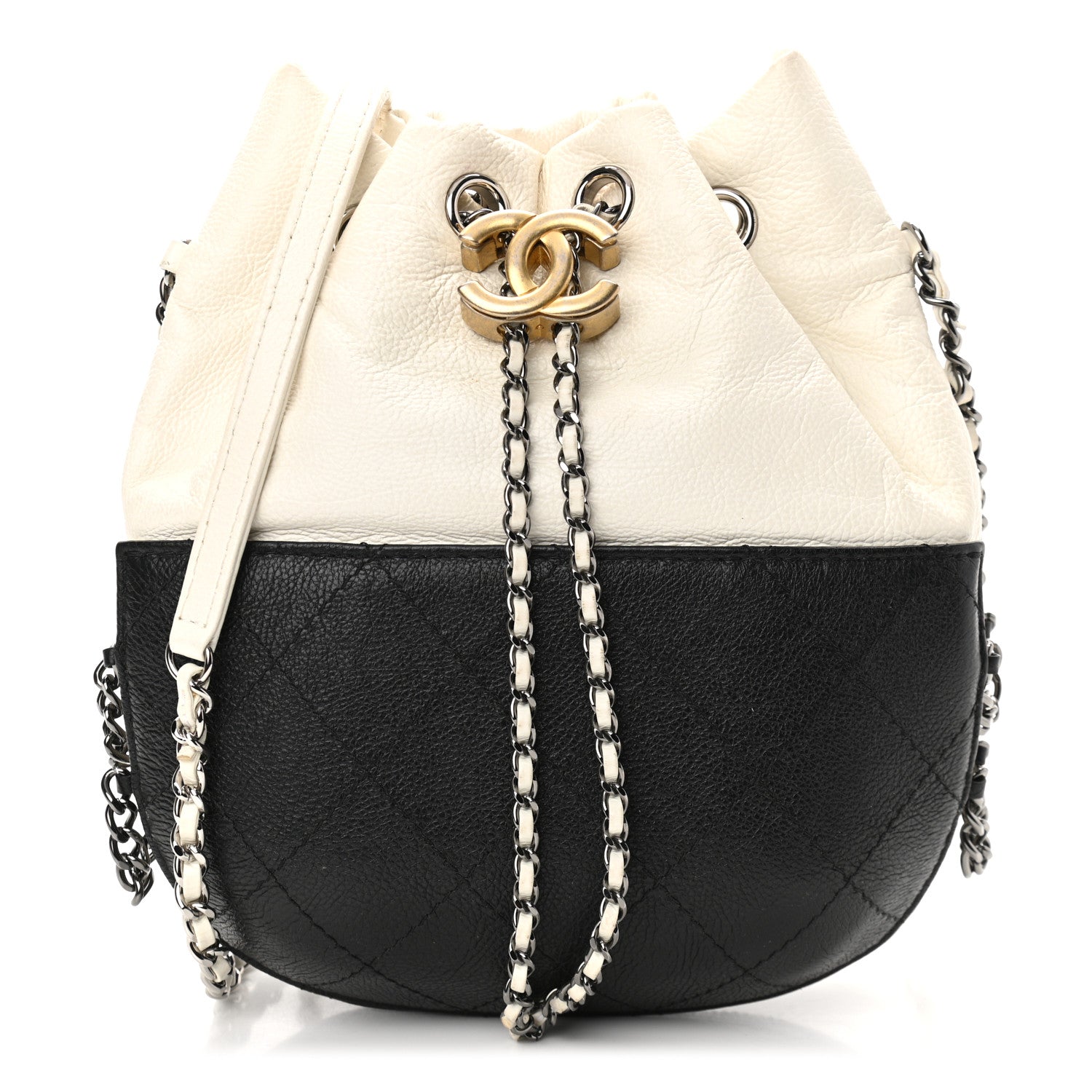 Chanel Aged Calfskin Quilted Small Gabrielle Bucket White Black 1 of 10