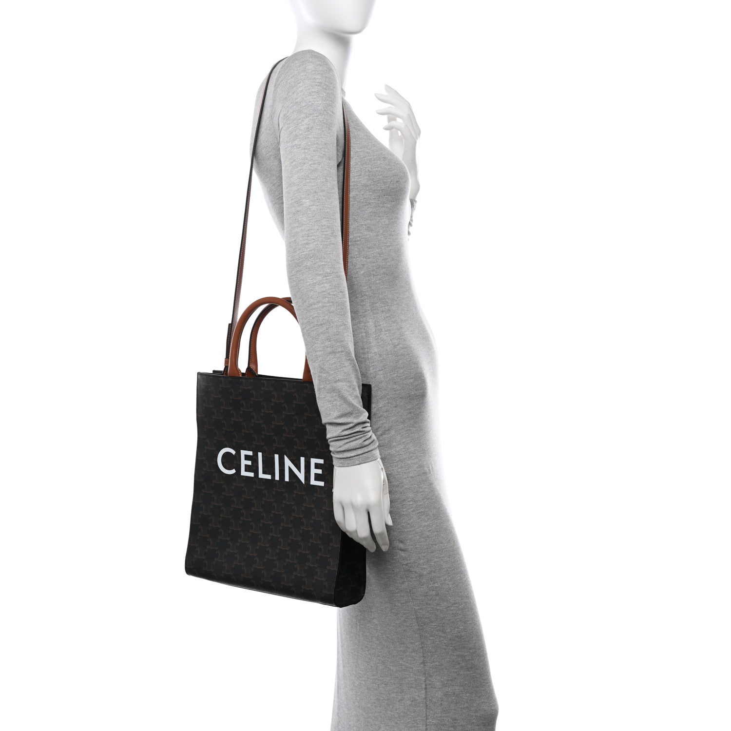 Celine Triomphe Canvas Calfskin Small Vertical Cabas Tan 2 of 12