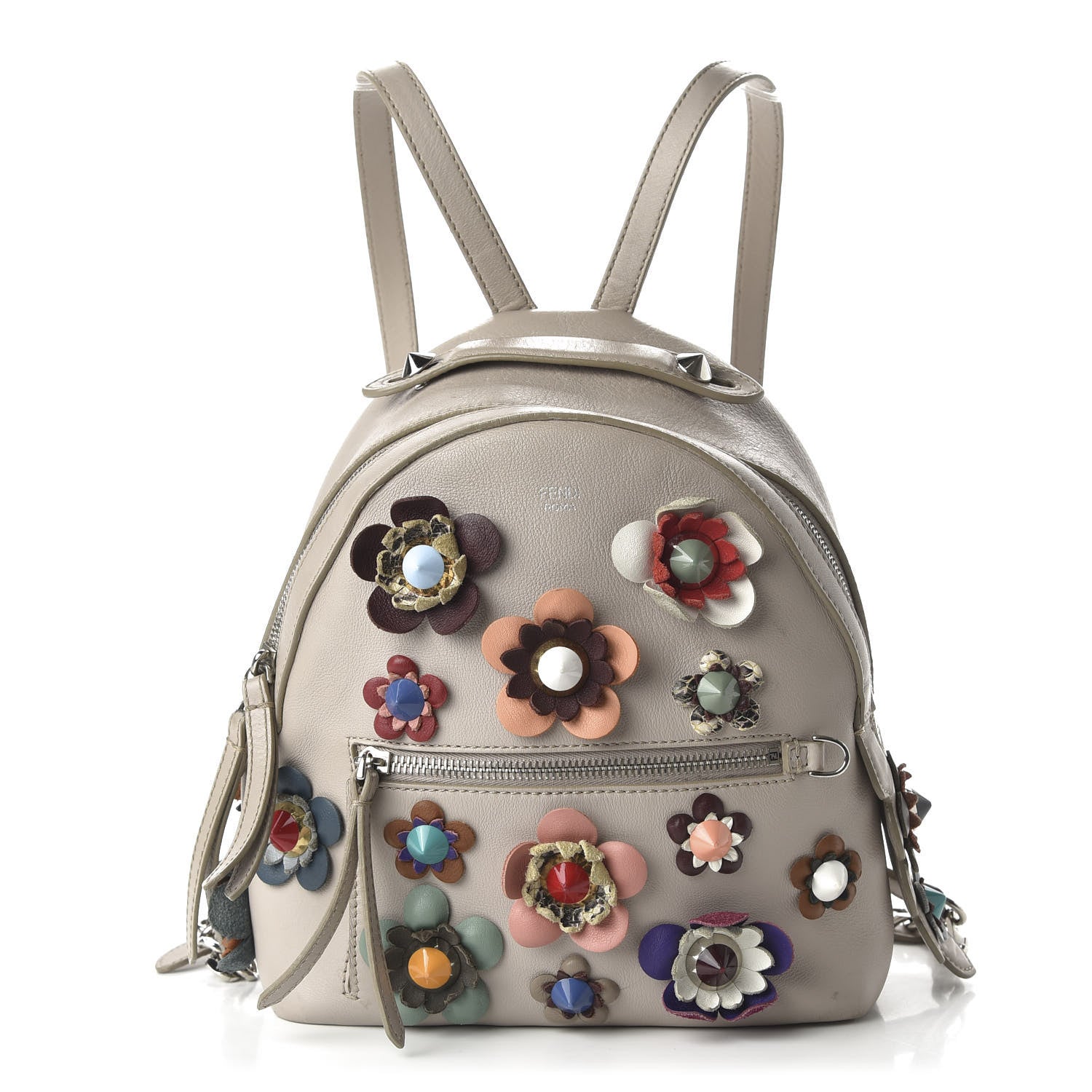 Fendi Vitello Dolce Flowerland Studded Mini Backpack Grigio Polvere Multicolor 1 of 13