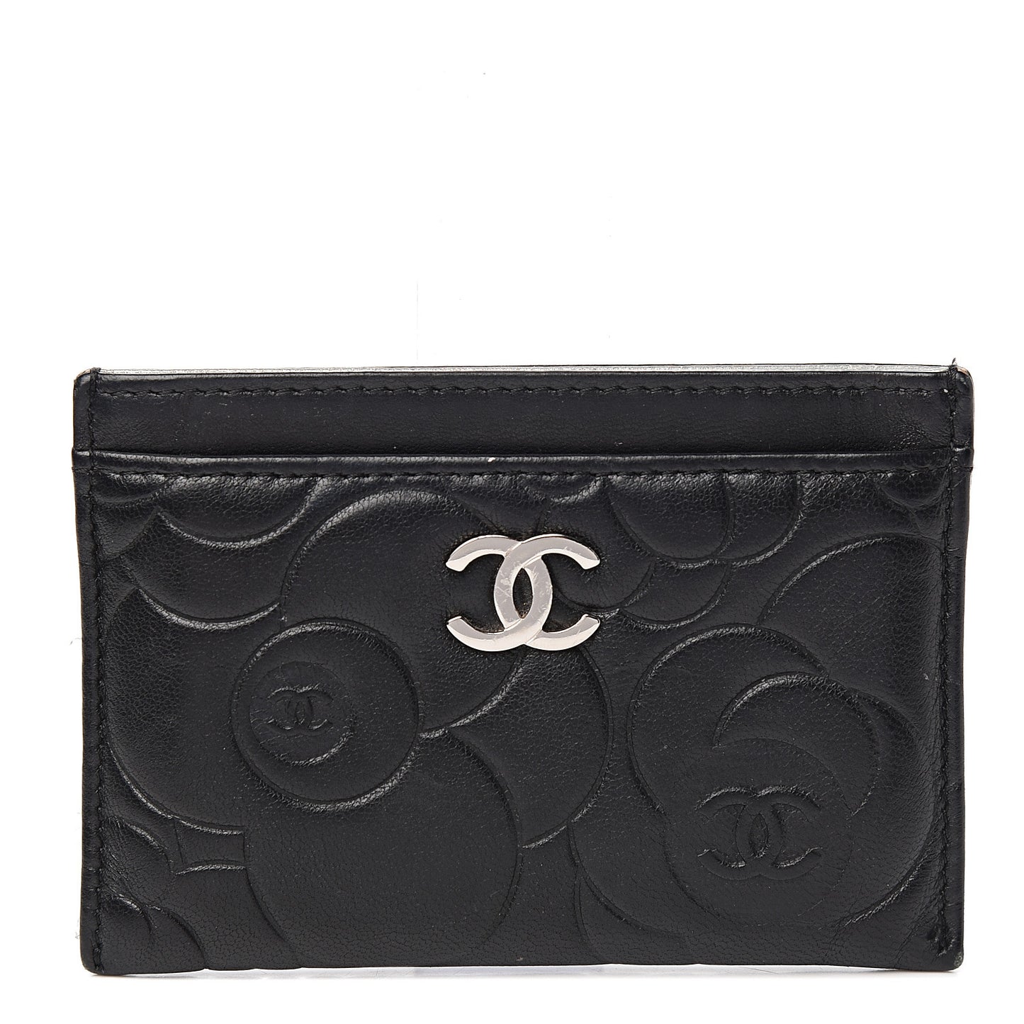 Lambskin Camellia Embossed Card Holder Black