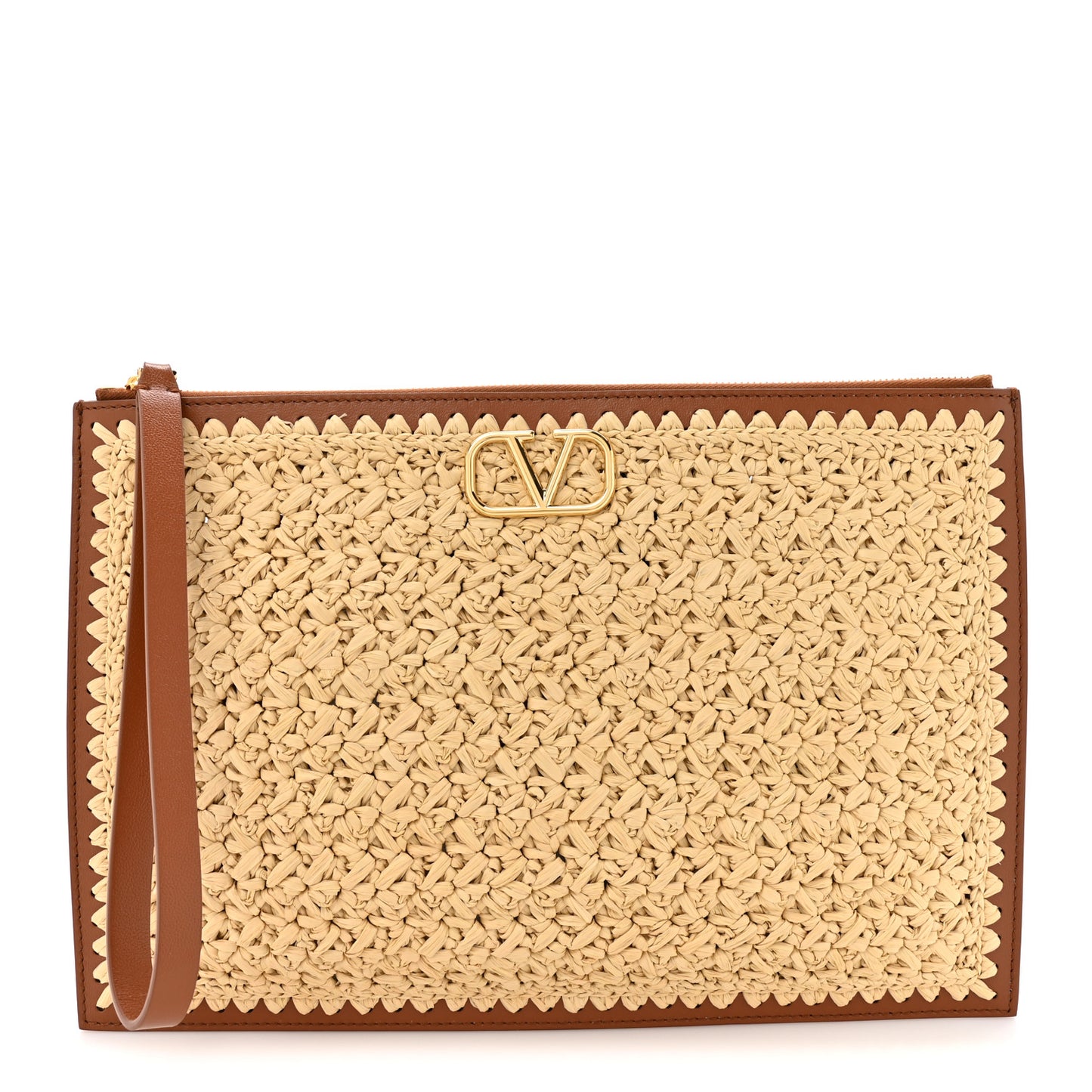 Raffia Calfskin Vlogo Signature Zip Pouch Naturale Brown
