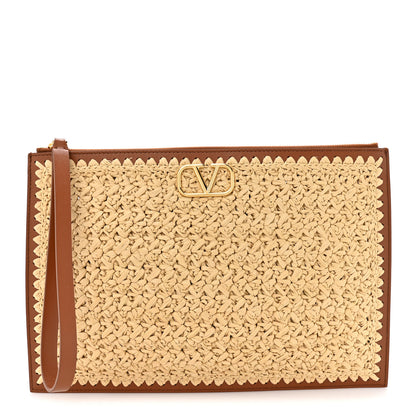 Valentino Garavani Raffia Calfskin Vlogo Signature Zip Pouch Naturale Brown 1 of 8