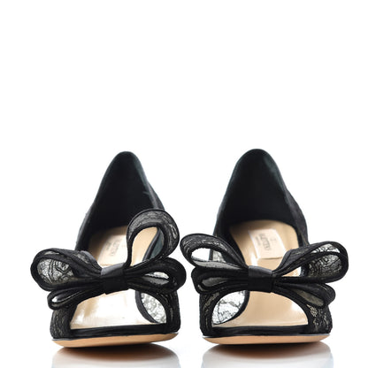 Valentino Garavani Satin Lace Couture Bow Peep Toe Low Heel Pumps 37 Black 2 of 9