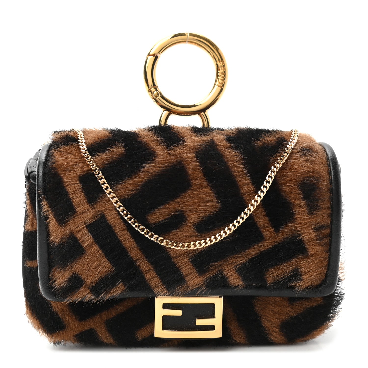 Fendi Sheared Sheepskin Vitello King FF Nano Baguette Charm Tobacco Moro Black 1 of 9