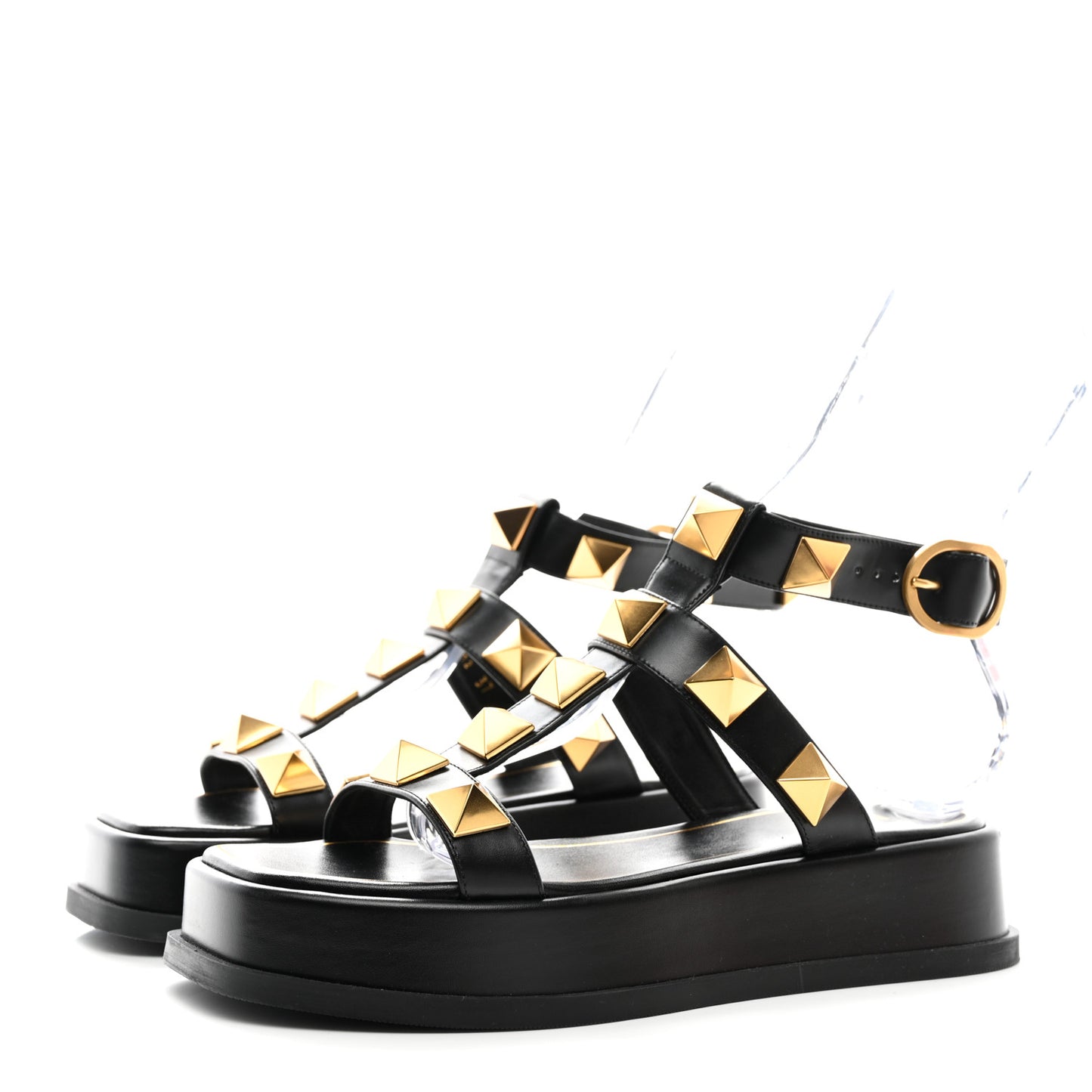 Calfskin Roman Stud Ankle Strap 40mm Flatform Sandals 37 Black