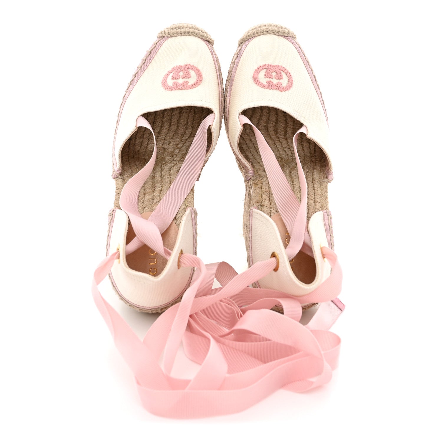Gucci Canvas Grossgrain Embroidered Judit Ankle Wrap Platform 35/120mm Espadrille Wedges 37 White Shell 2 of 11