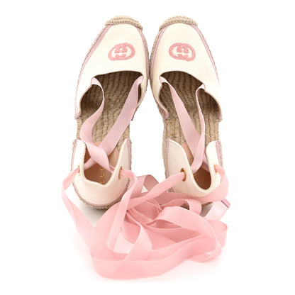 Gucci Canvas Grossgrain Embroidered Judit Ankle Wrap Platform 35/120mm Espadrille Wedges 37 White Shell 2 of 11