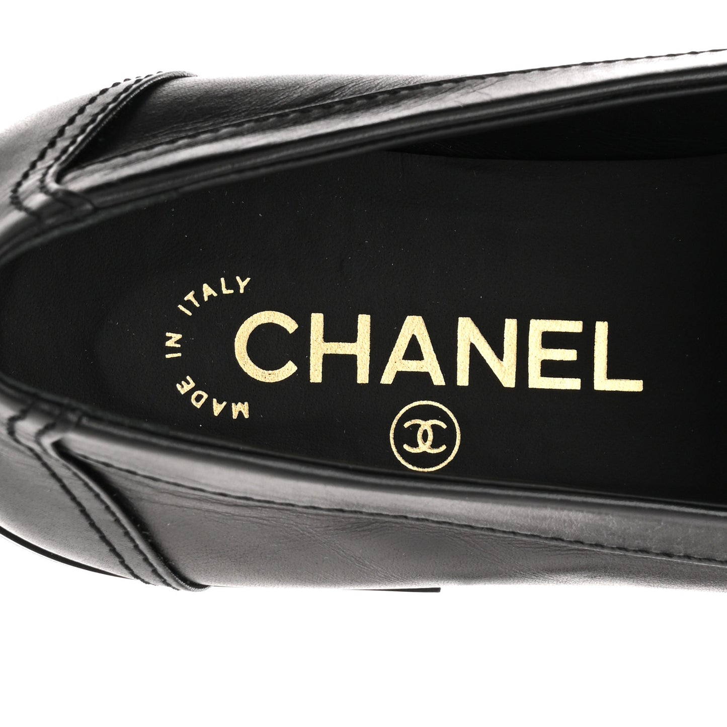 Shiny Calfskin Metal CC Mocassin Loafers 38.5 Black