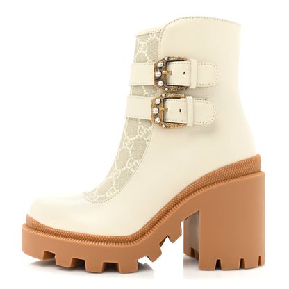 Gucci Kensington Calfskin Nappa GG Supreme Monogram Womens Double Buckle Ankle Boots 35.5 Mystic White Beige 1 of 9