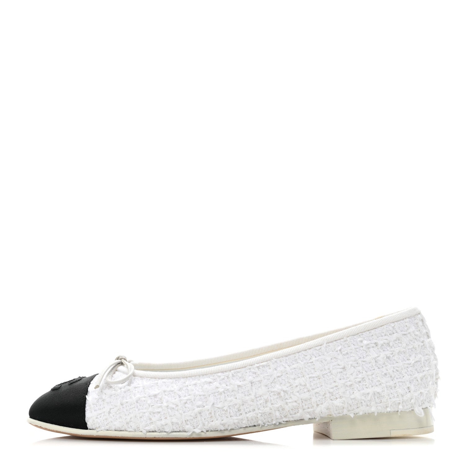 Chanel Cotton Tweed Grosgrain Cap Toe Ballerina Flats 37.5 White Black 1 of 13