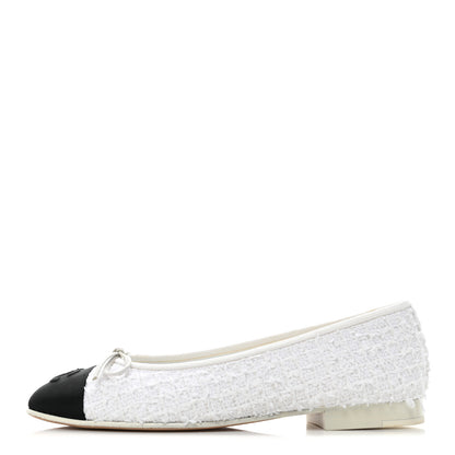 Chanel Cotton Tweed Grosgrain Cap Toe Ballerina Flats 37.5 White Black 1 of 13