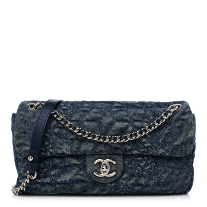 Chanel Denim Quilted Camellia Embroidered Medium Flap Blue 1 of 10