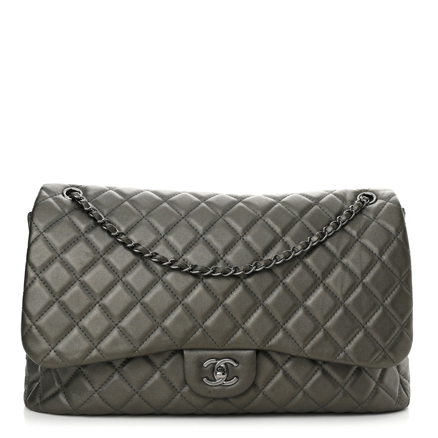 Metallic Calfskin Quilted Small XXL Travel Flap Bag Dark Silver