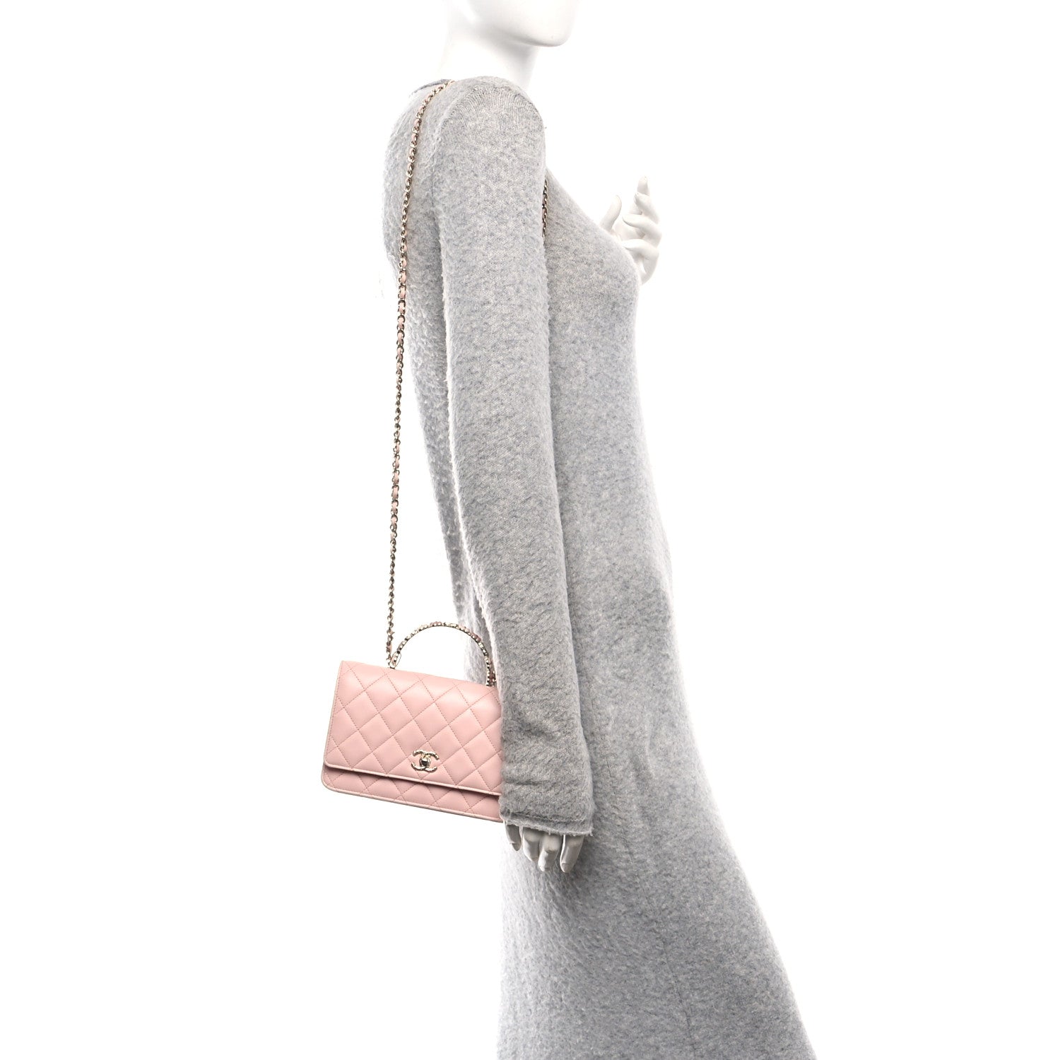 Chanel Lambskin Quilted Metal Enamel Flower Top Handle Wallet On Chain WOC Light Pink 2 of 13