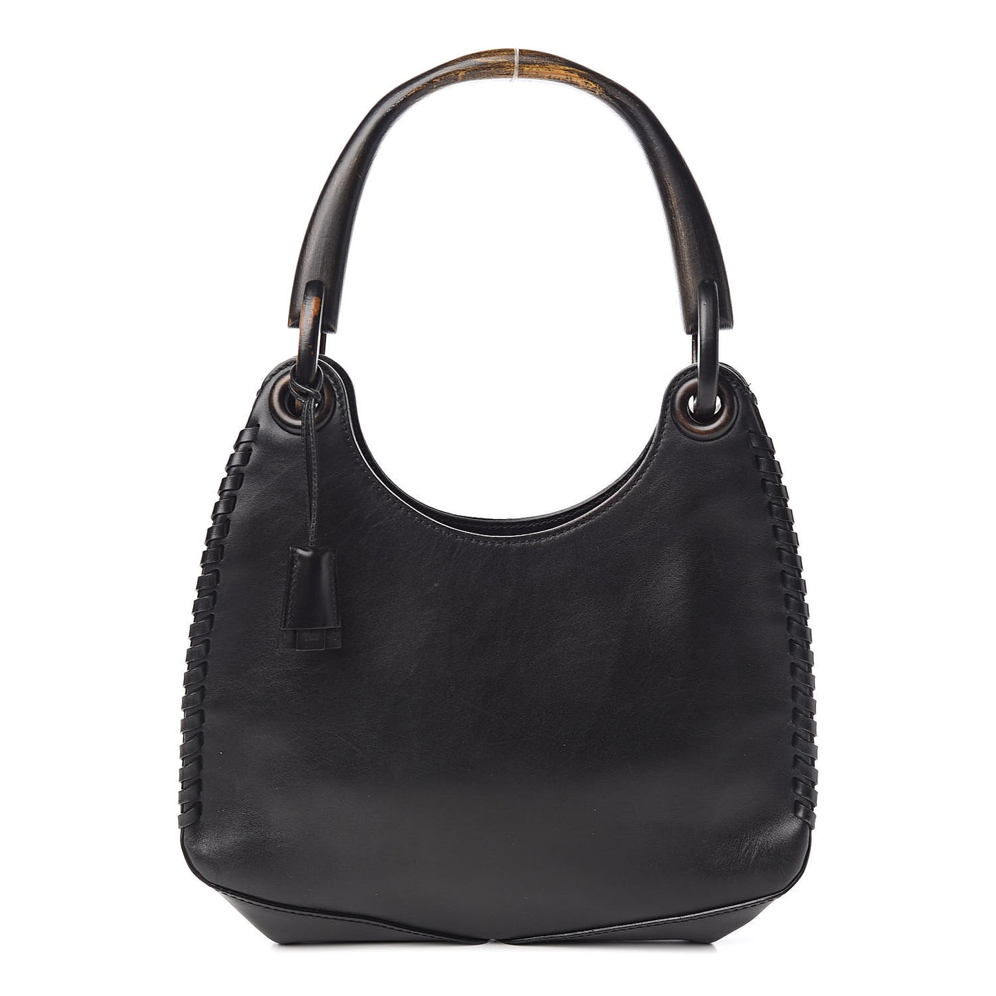 Calfskin Whipstitch Wooden Handle Small Hobo Black