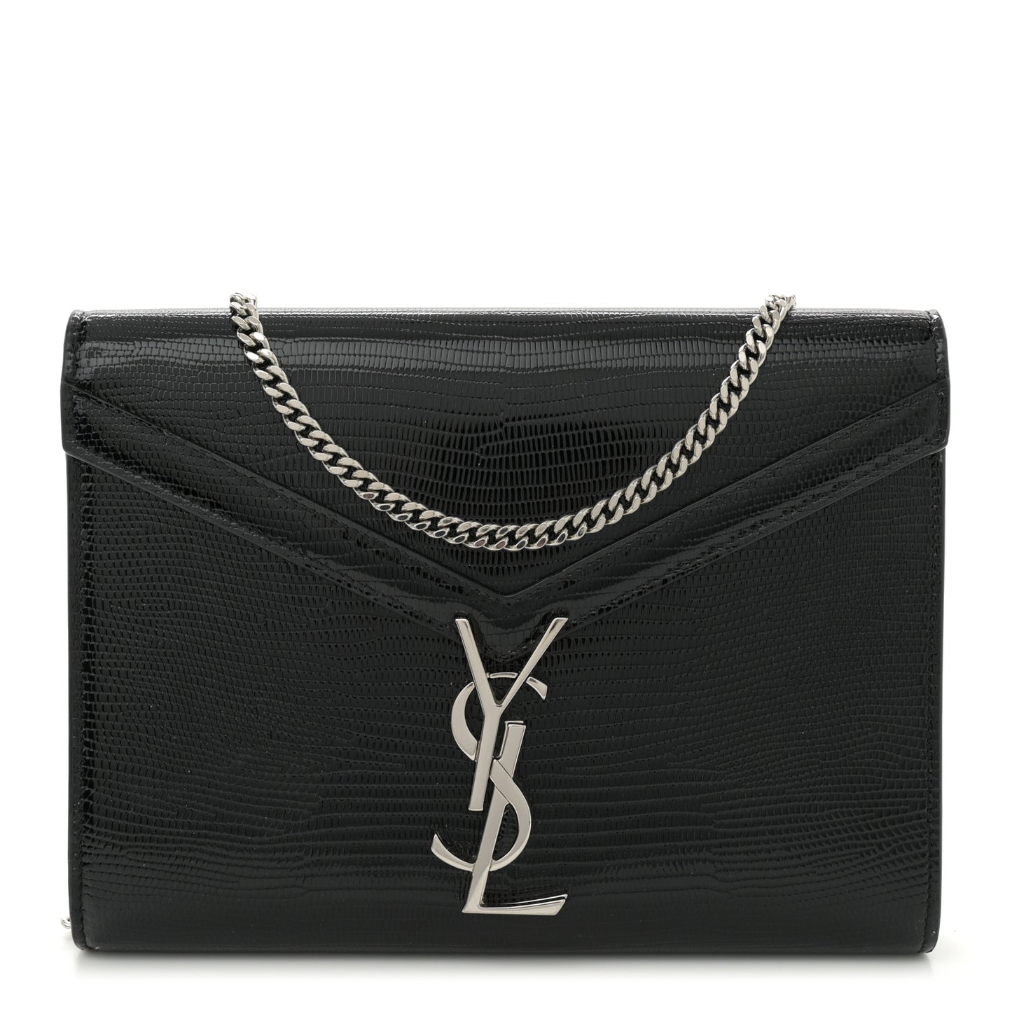 Calfskin Lizard Embossed Monogram Cassandra Chain Wallet Black