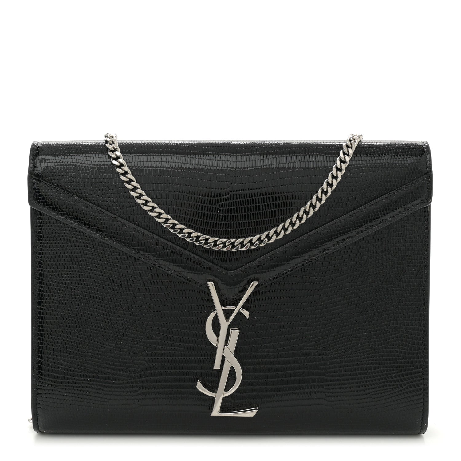 Saint Laurent Calfskin Lizard Embossed Monogram Cassandra Chain Wallet Black 1 of 11