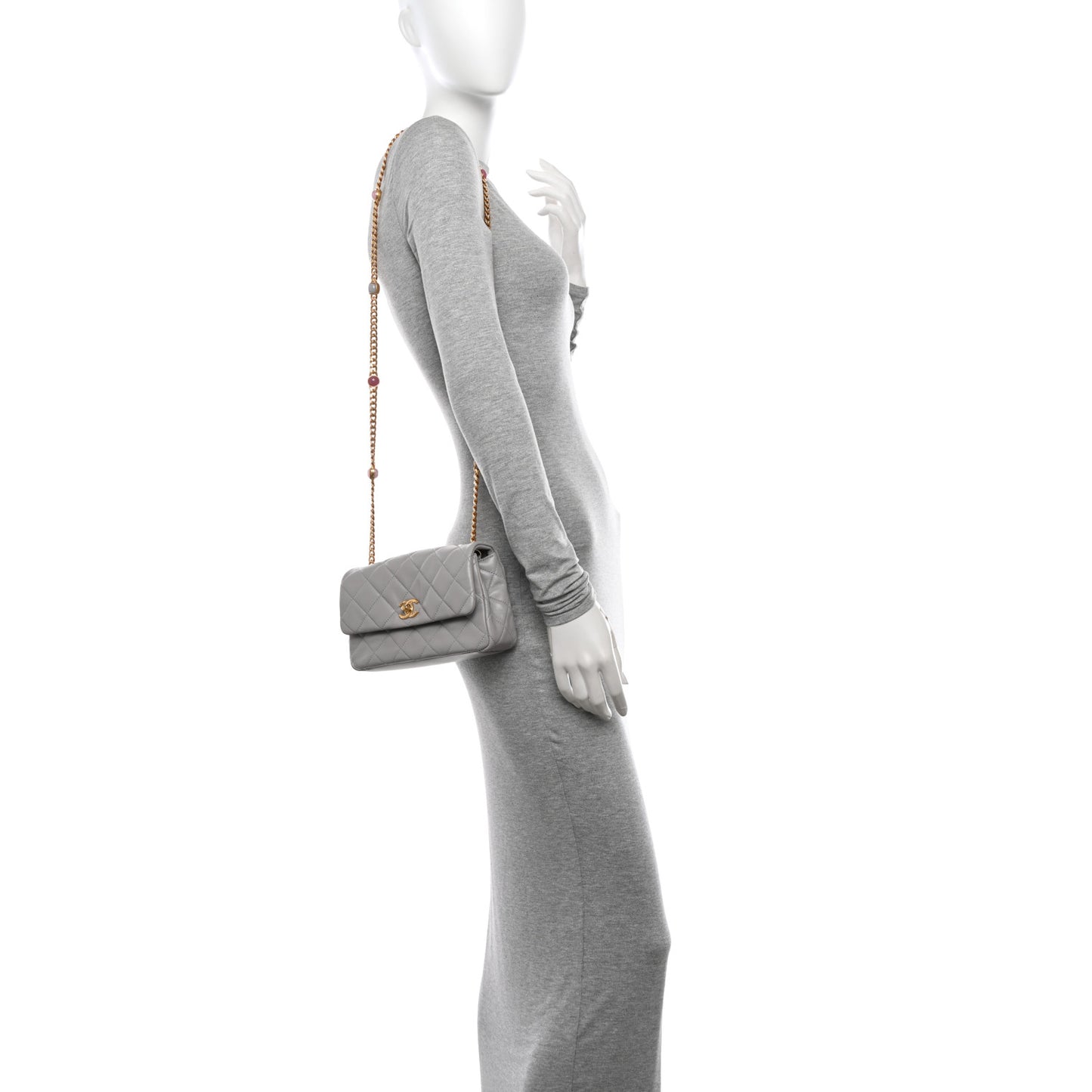 Lambskin Resin Pearl Quilted Small Flap Grey