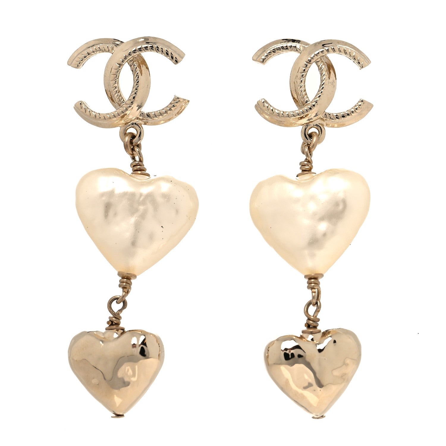 Chanel Pearl CC Double Heart Drop Earrings Gold 1 of 3