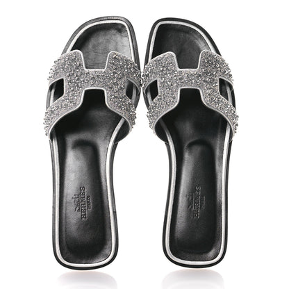 Hermes Velvet Goatskin Crystal Beads Oran Sandals 37 Gris Argente 2 of 10