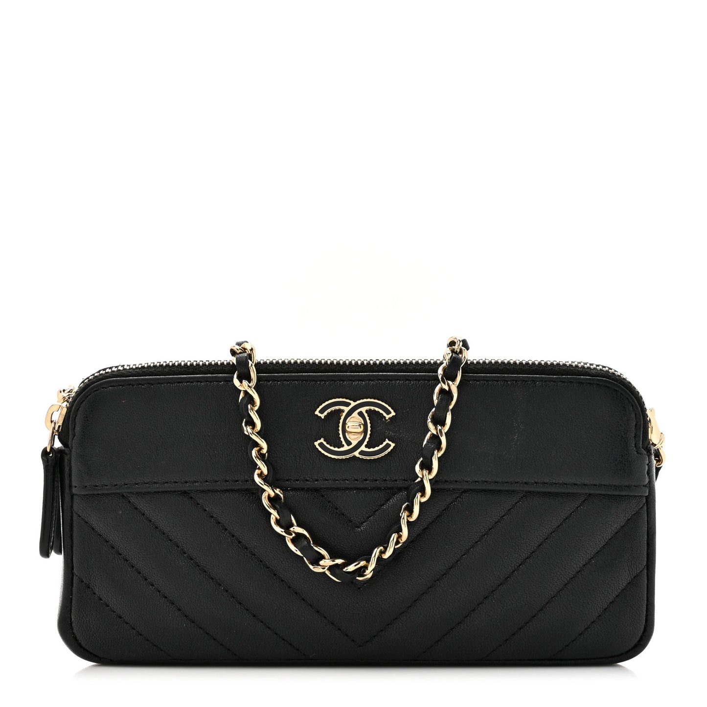 Metallic Sheepskin Chevron Quilted Small Vintage Mademoiselle Clutch With Chain Black