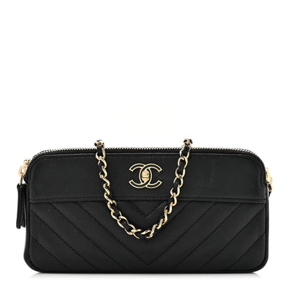Chanel Metallic Sheepskin Chevron Quilted Small Vintage Mademoiselle Clutch With Chain Black 1 of 16