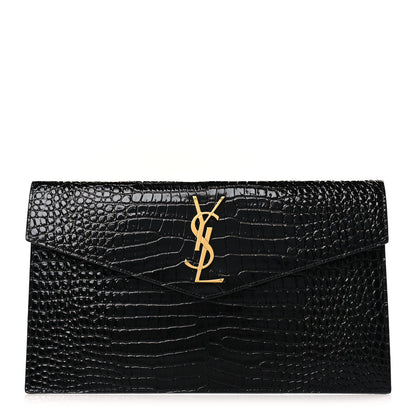 Saint Laurent Calfskin Crocodile Embossed Uptown Monogram Pouch Black 1 of 7