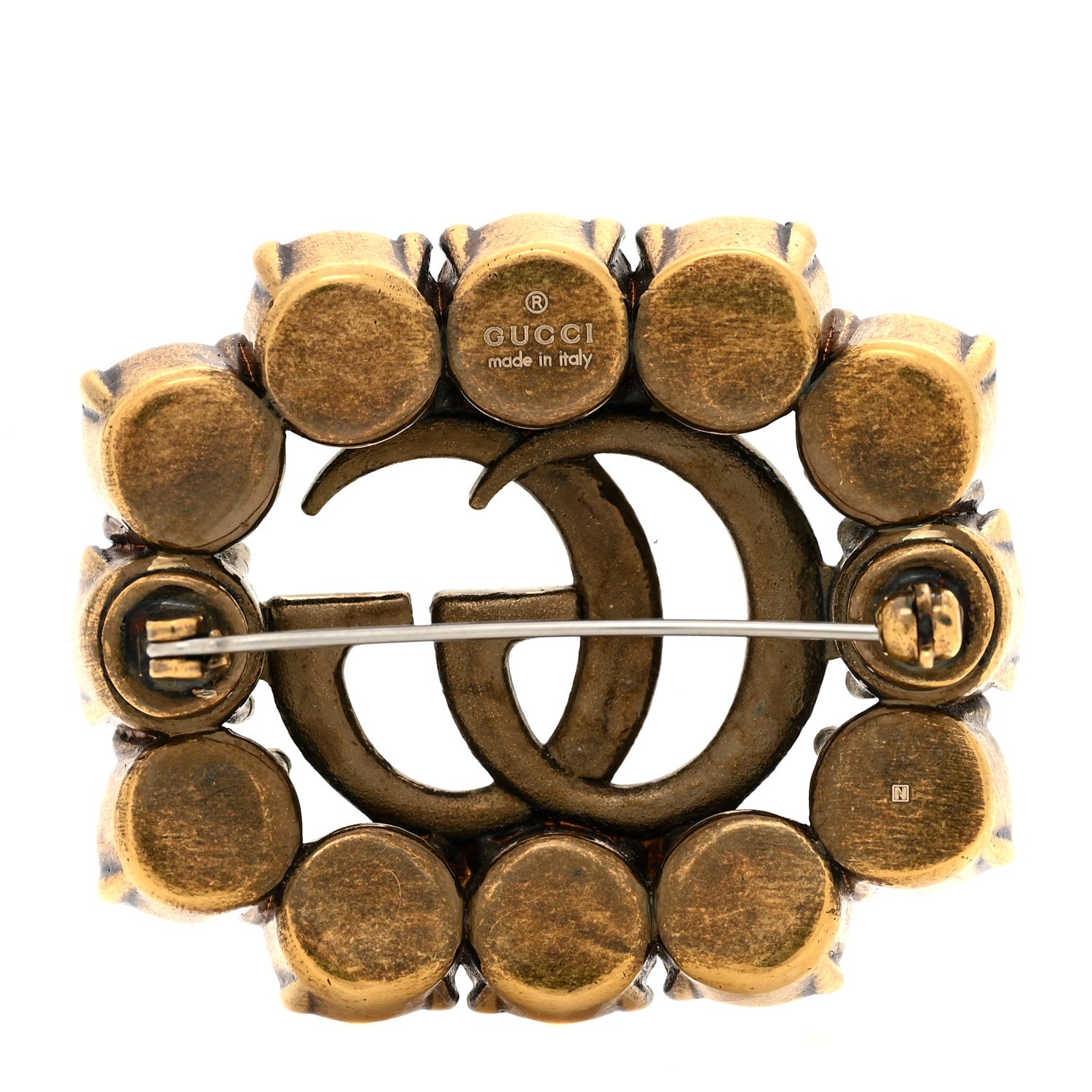 Gucci Metal Crystal Double G Brooch Aged Gold 3 of 5