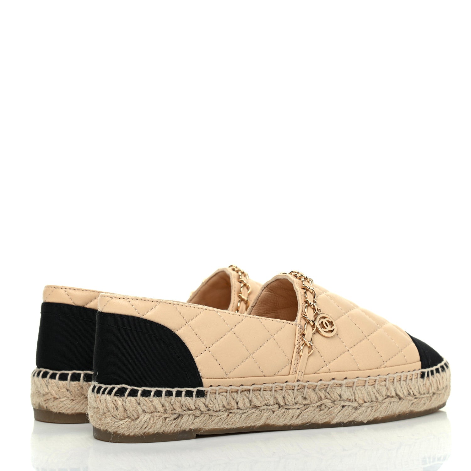 Chanel Lambskin Grosgrain Quilted CC Chain Espadrilles 35 Beige Black 4 of 8