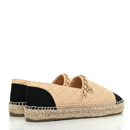 Chanel Lambskin Grosgrain Quilted CC Chain Espadrilles 35 Beige Black 4 of 8