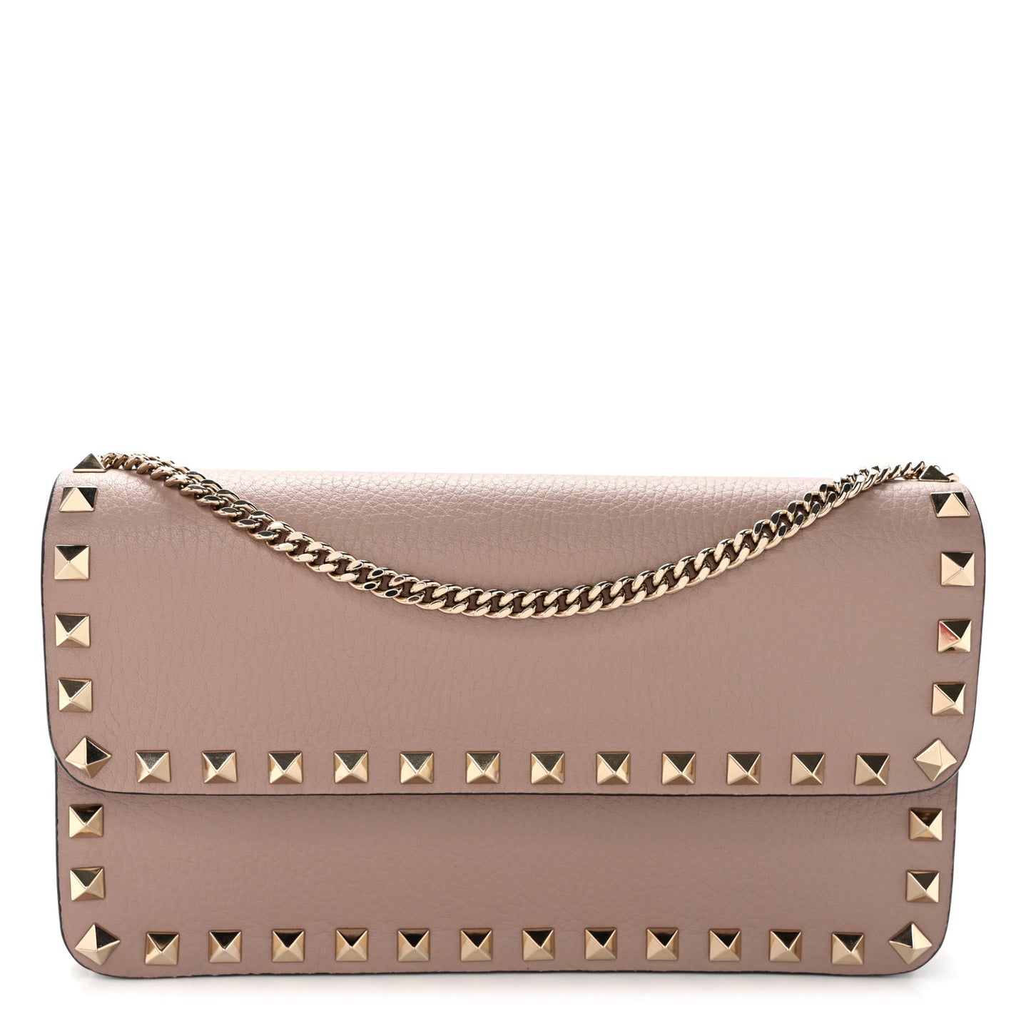Pebbled Calfskin Rockstud Flap Wallet On Chain Poudre