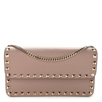 Valentino Garavani Pebbled Calfskin Rockstud Flap Wallet On Chain Poudre 1 of 10