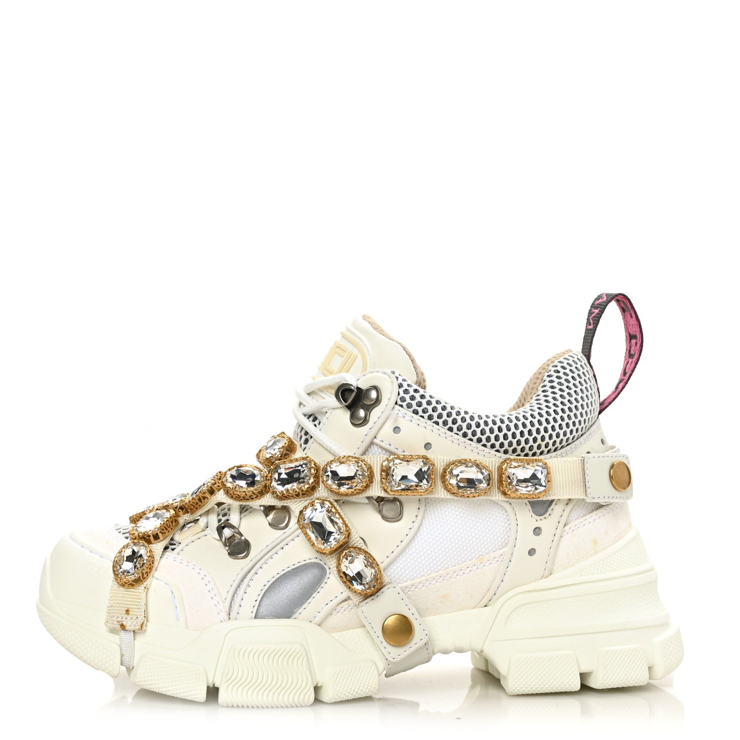 Gucci X SEGA Mesh Calfskin Suede Removable Crystals Womens Flashtrek Sneakers 36 Great White 1 of 9