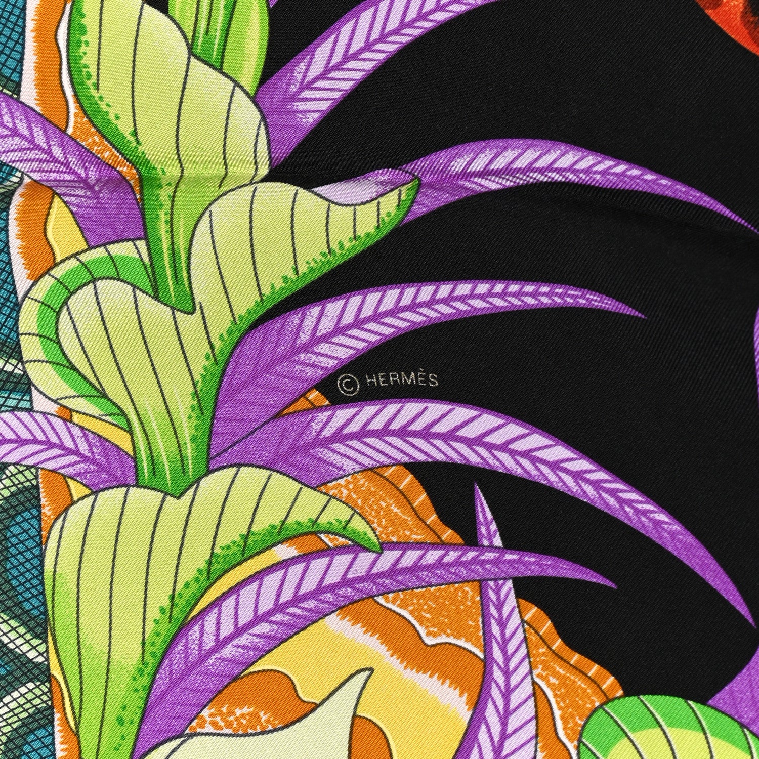 Hermes Silk La Marche Du Zambeze Scarf 90 Black Corail Vert 5 of 6