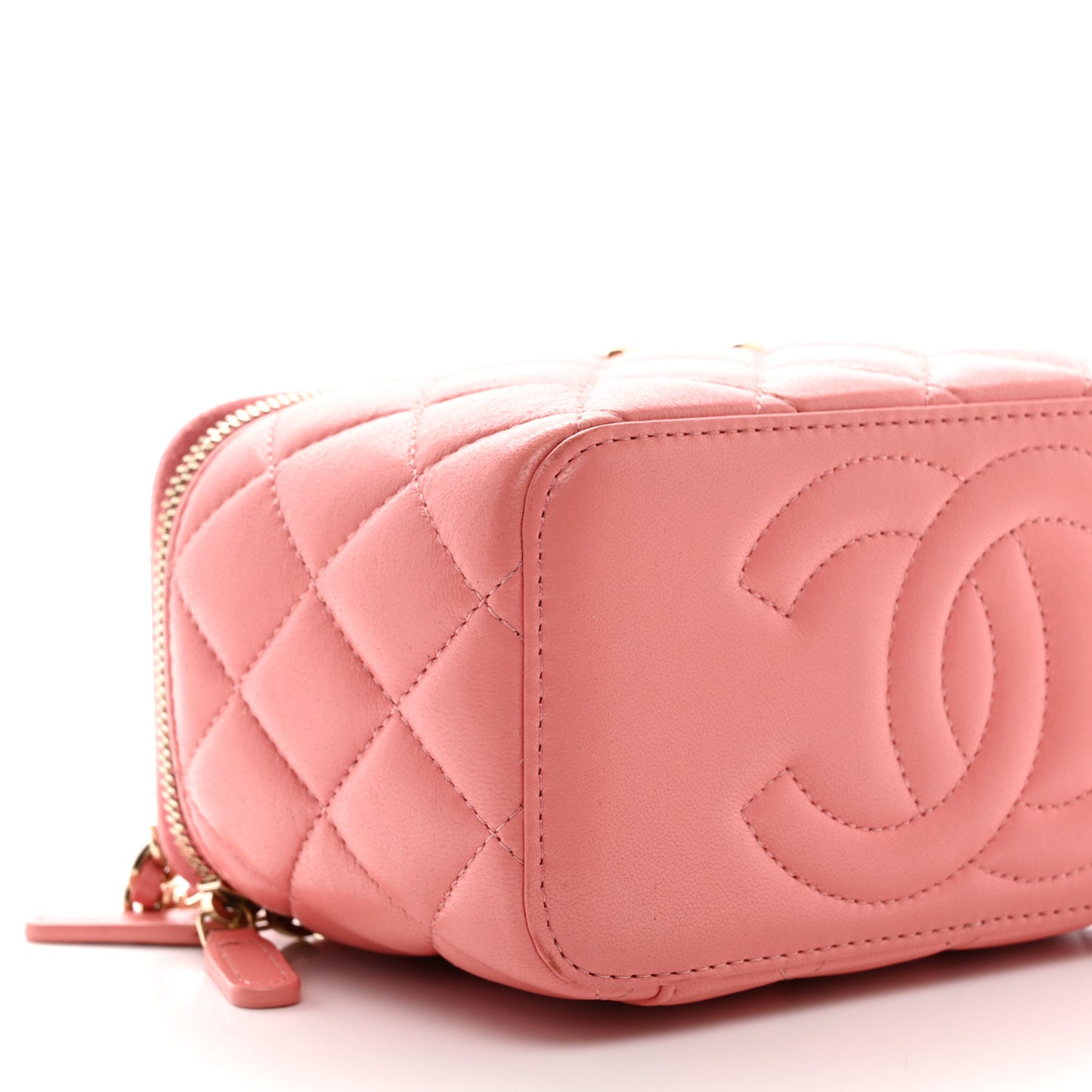 Lambskin Quilted Small Charming Top Handle Vanity Case With Chain Pink