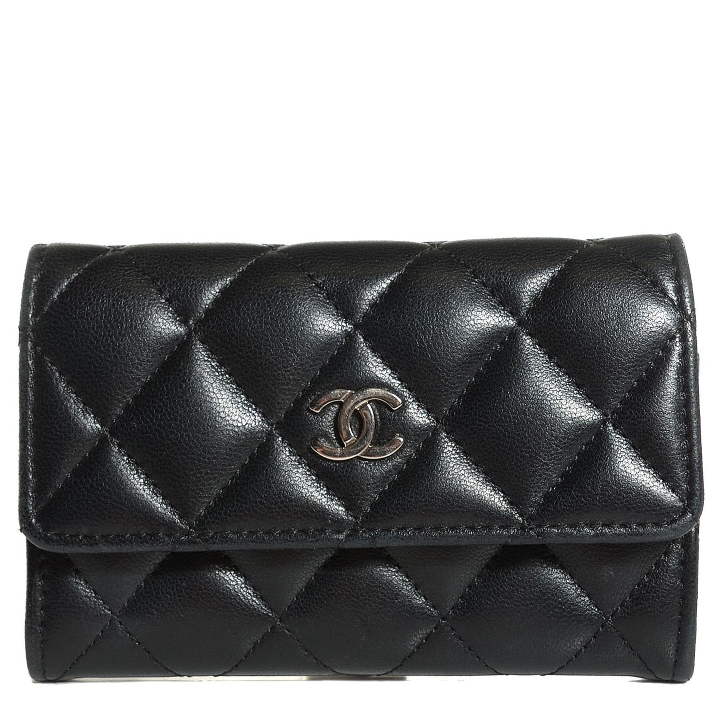 Lambskin Quilted Flap Card Holder Black