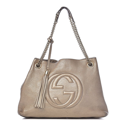 Gucci Metallic Pebbled Calfskin Medium Soho Chain Shoulder Bag Golden Beige 1 of 13