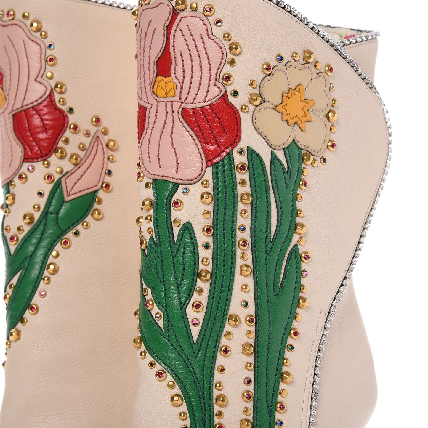 Calfskin Floral Crystal Embroidered Fosca Boots 36 Mystic White